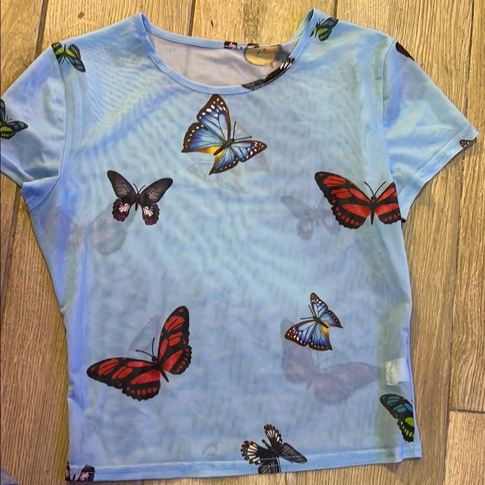 Blue Butterfly Print Mesh Top